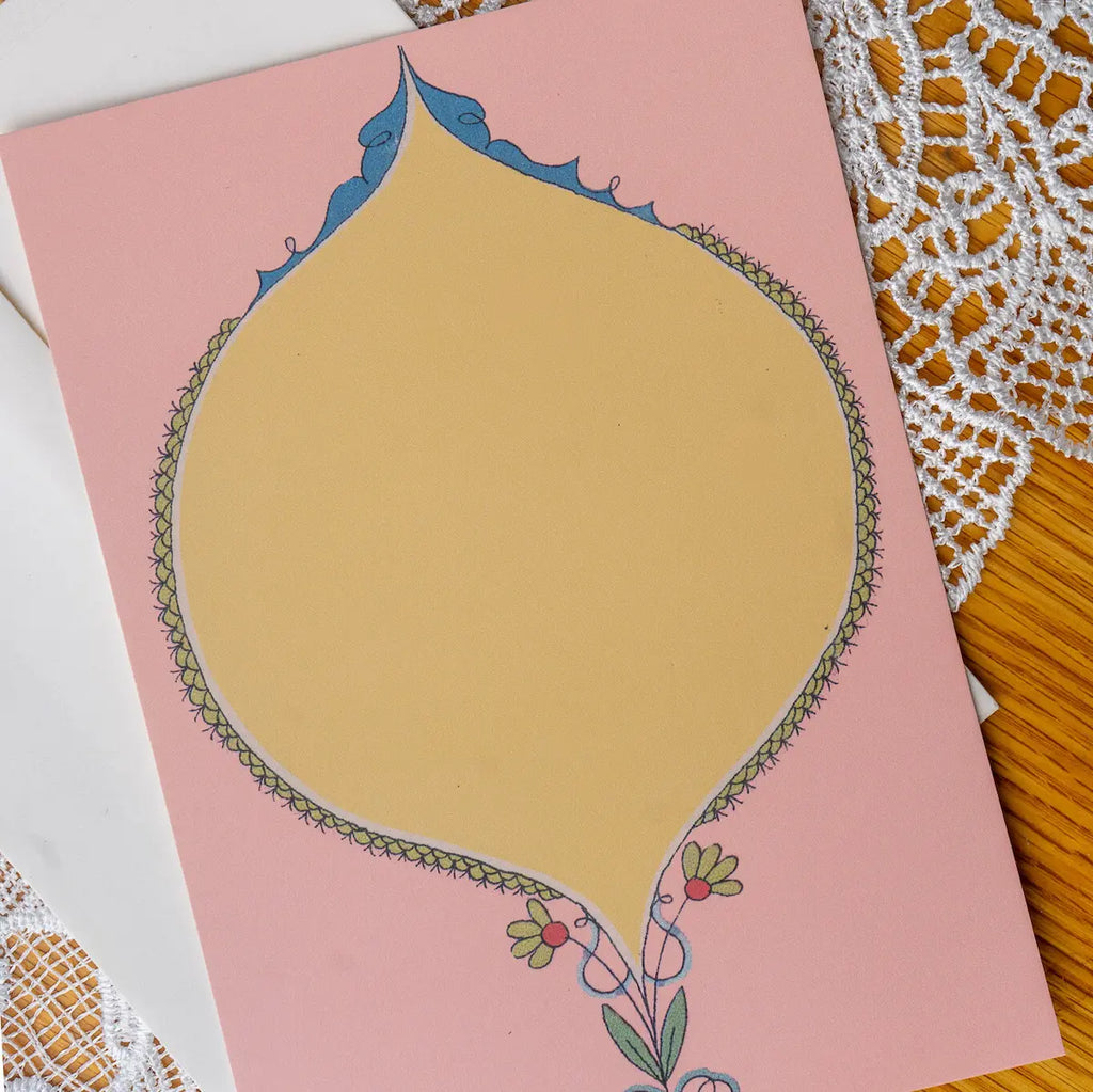 Pink and Yellow Oval card on a lace doily background