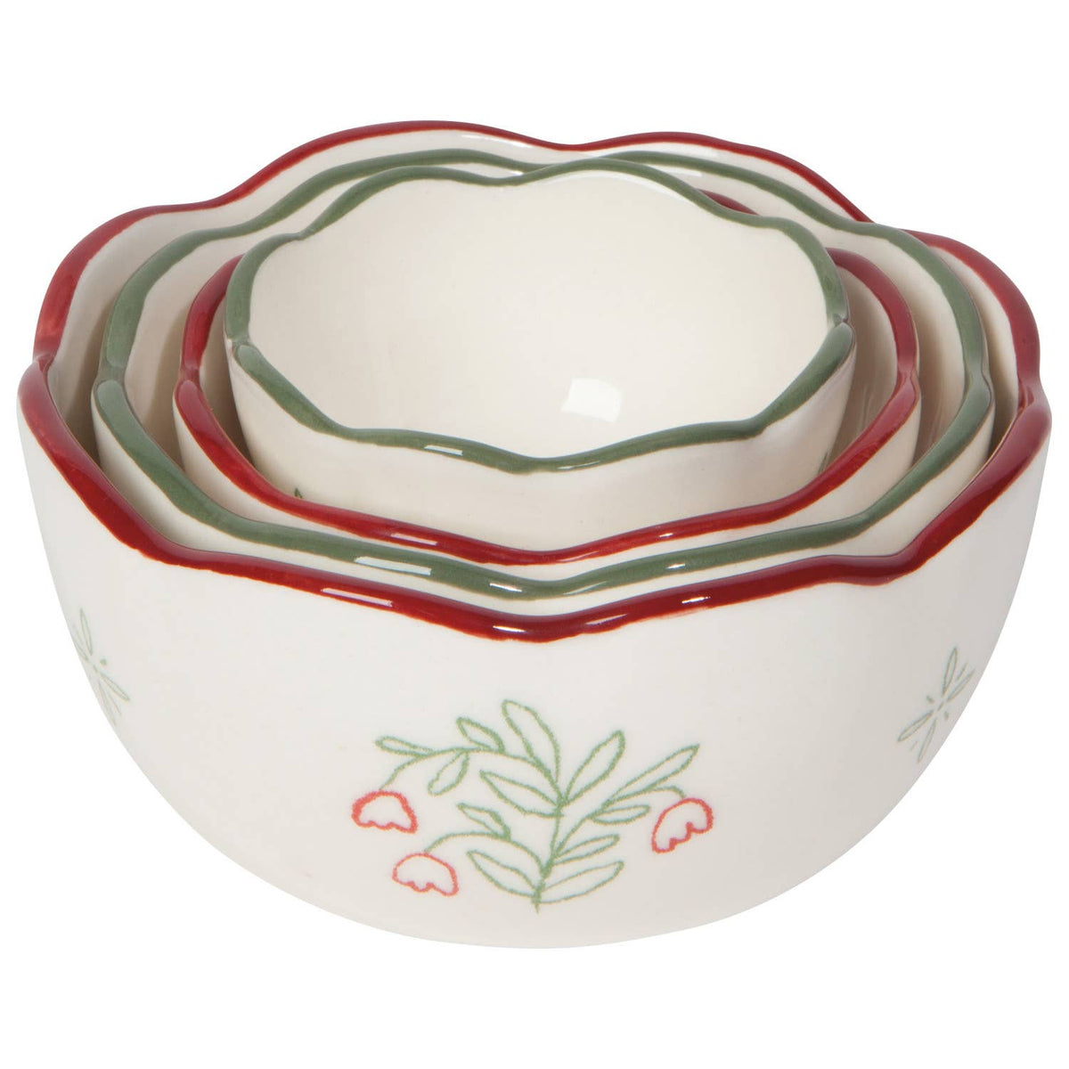 Set of four ceramic nesting bowls with floral design on a white background