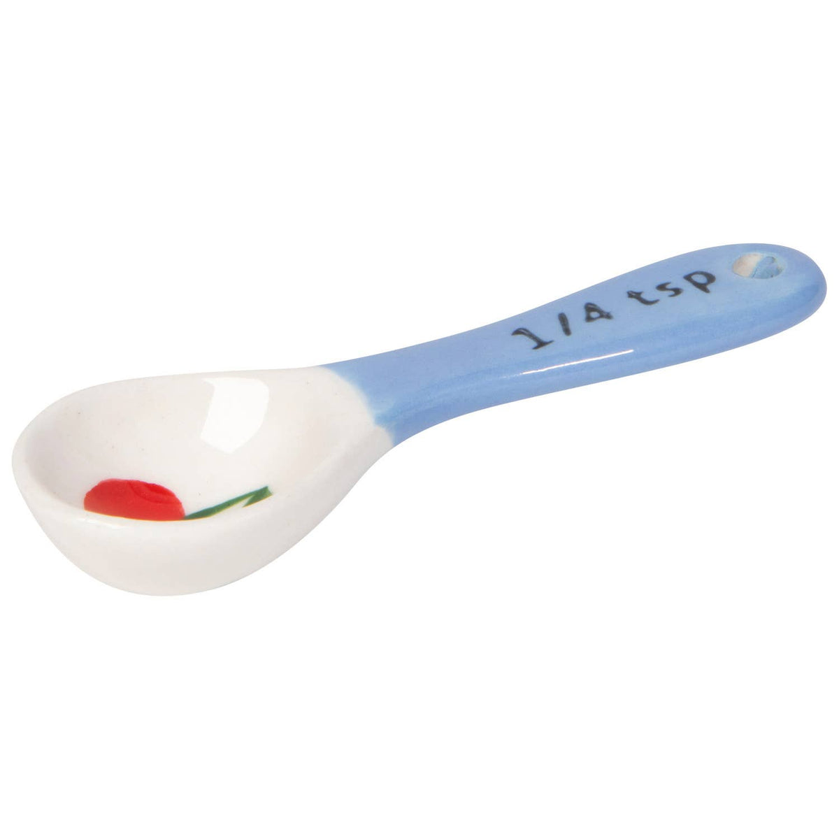 Spoon with blue handle and red and green design on white background