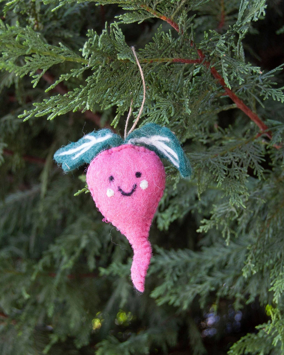 A pink felt carrot Christmas ornament with a smiling face and green leaves, hanging from a tree branch.