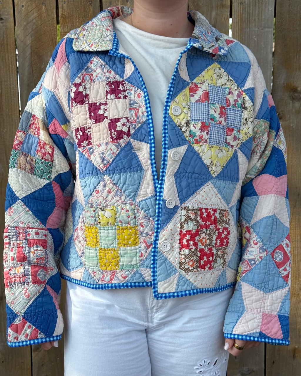 Judy Heirloom Blue Gingham Quilt Button Front Jacket