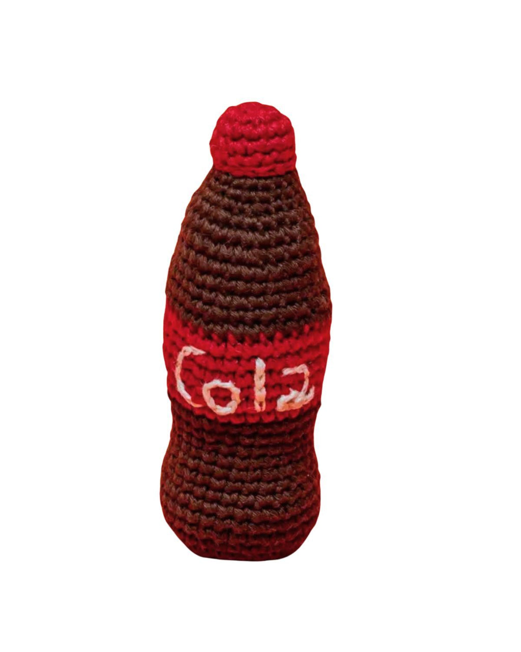 Knitted bottle-shaped dog toy with 'Cola' text on a white background