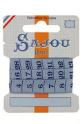 Blue measurement tape ribbon with Sajou branding on a white background
