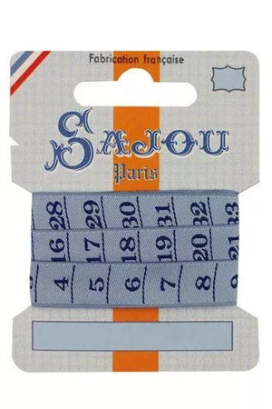 Blue measurement tape ribbon with Sajou branding on a white background