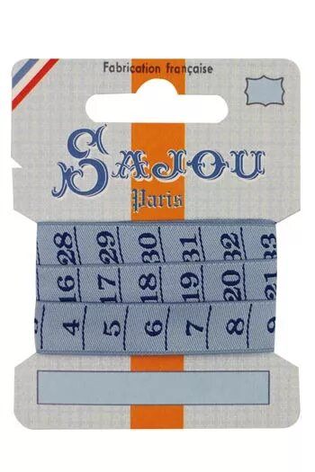 Blue measurement tape ribbon with Sajou branding on a white background