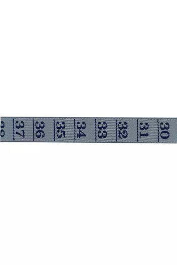 Blue measuring tape ribbon with numerical markings on a white background