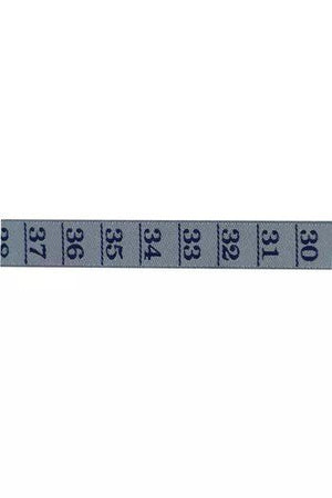 Blue measuring tape ribbon with numerical markings on a white background