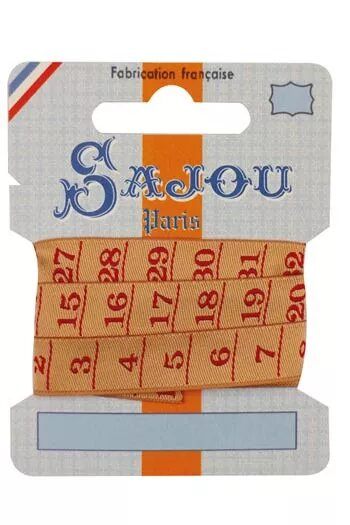 Red and orange Sajou measuring tape ribbon with brand label on a white background