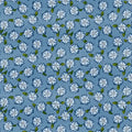 Pattern of white flowers with green leaves on a blue background