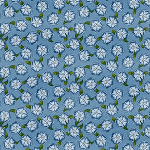 Pattern of white flowers with green leaves on a blue background