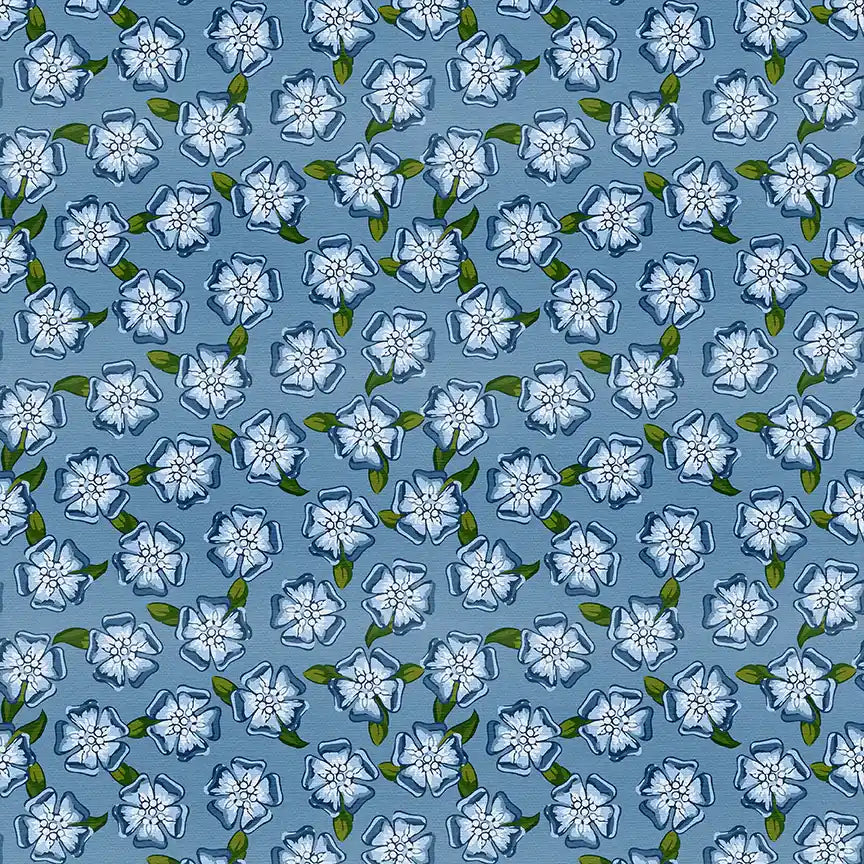 Pattern of white flowers with green leaves on a blue background