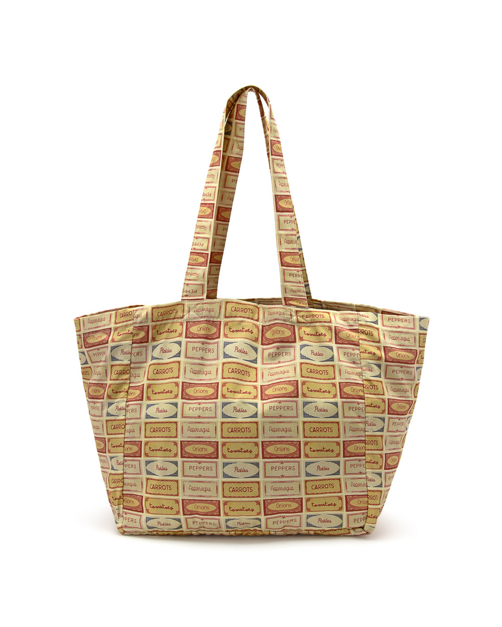 Tote bag with patterned fabric of vegetable labels of pickles, peppers, tomatoes, asparagus and onions on a white background