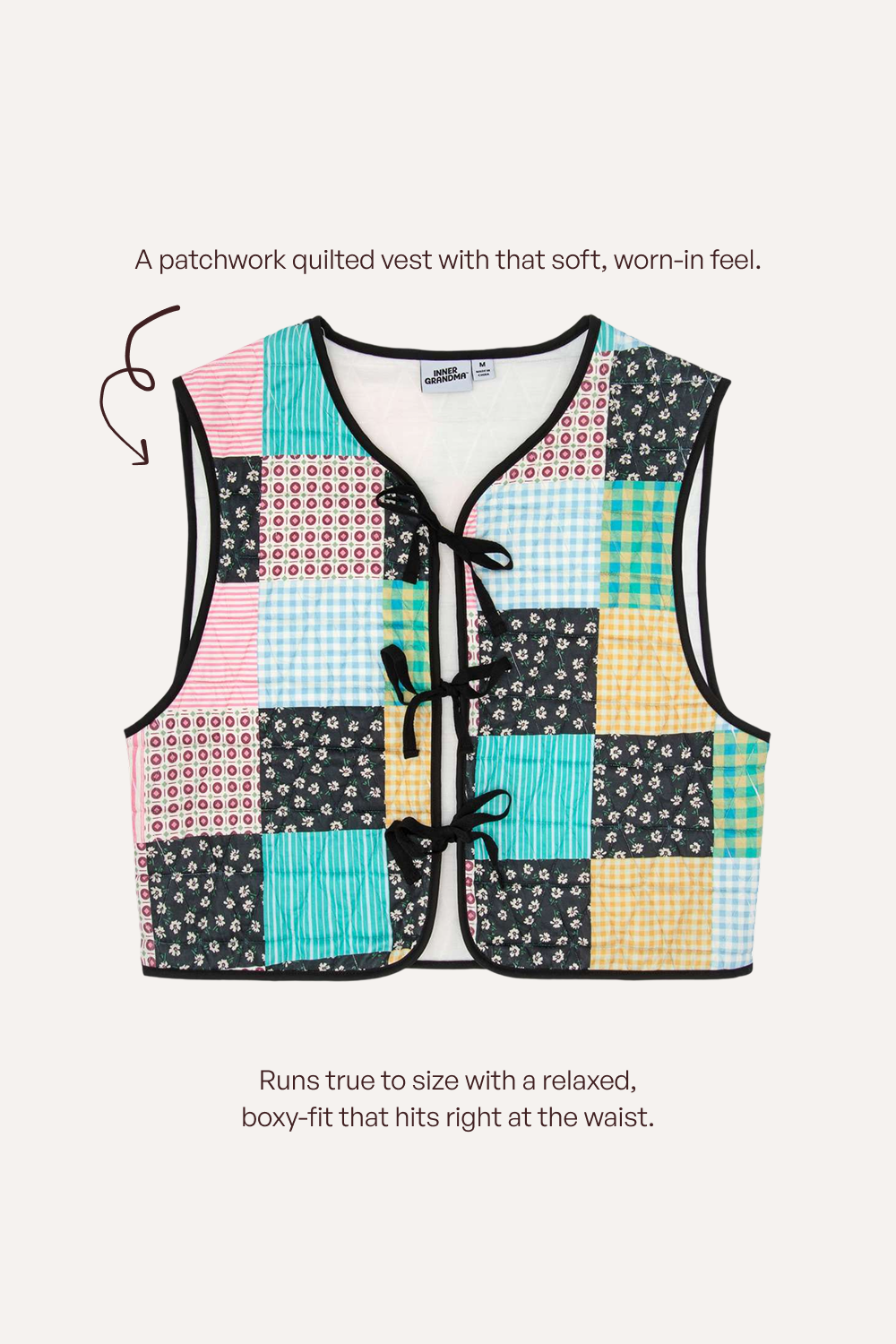 A patchwork quilted vest with a colorful grid of floral, gingham, and striped squares in pink, blue, yellow, black, and white. It features a V-neck, black trim, and three black cord ties at the front.