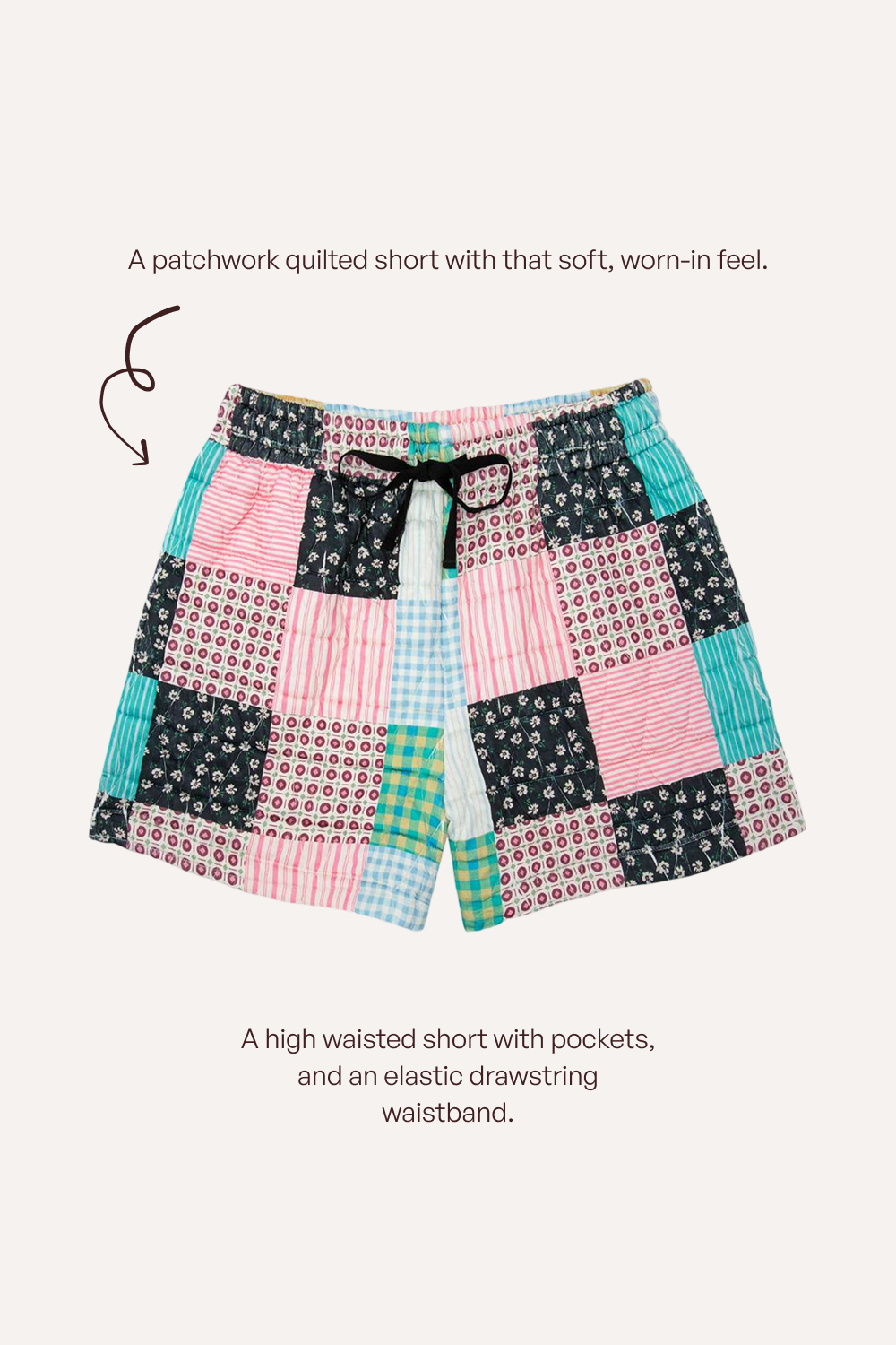 Patchwork quilted shorts with a black elastic drawstring waistband, featuring various colorful patterned fabric panels including stripes, florals, and gingham, shown on a light beige background with descriptive text.
