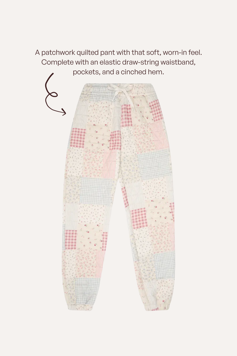 Patchwork quilted lounge pants with a soft, worn-in feel, featuring a mix of pink, red, blue, and beige gingham, floral, and checkered fabric squares. The pants are shown with a white elastic drawstring waistband and side pockets, set against a light beige background with descriptive text at the top.