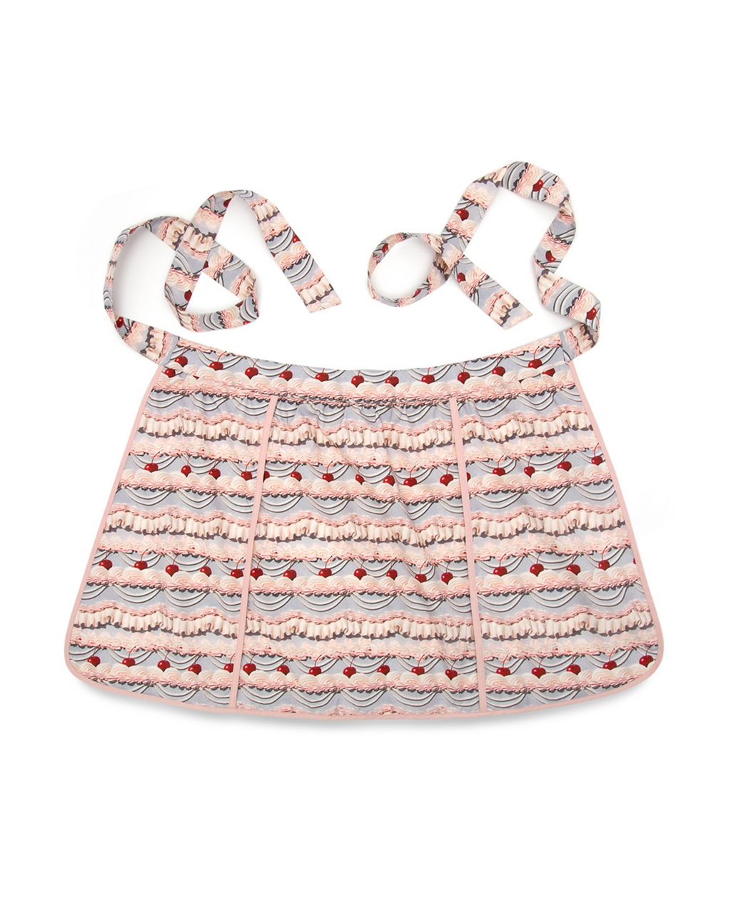 Apron with a pink and purple frosting pattern with straps on a white background.