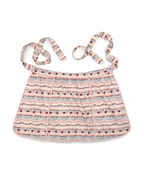 Apron with a pink and purple frosting pattern with straps on a white background.
