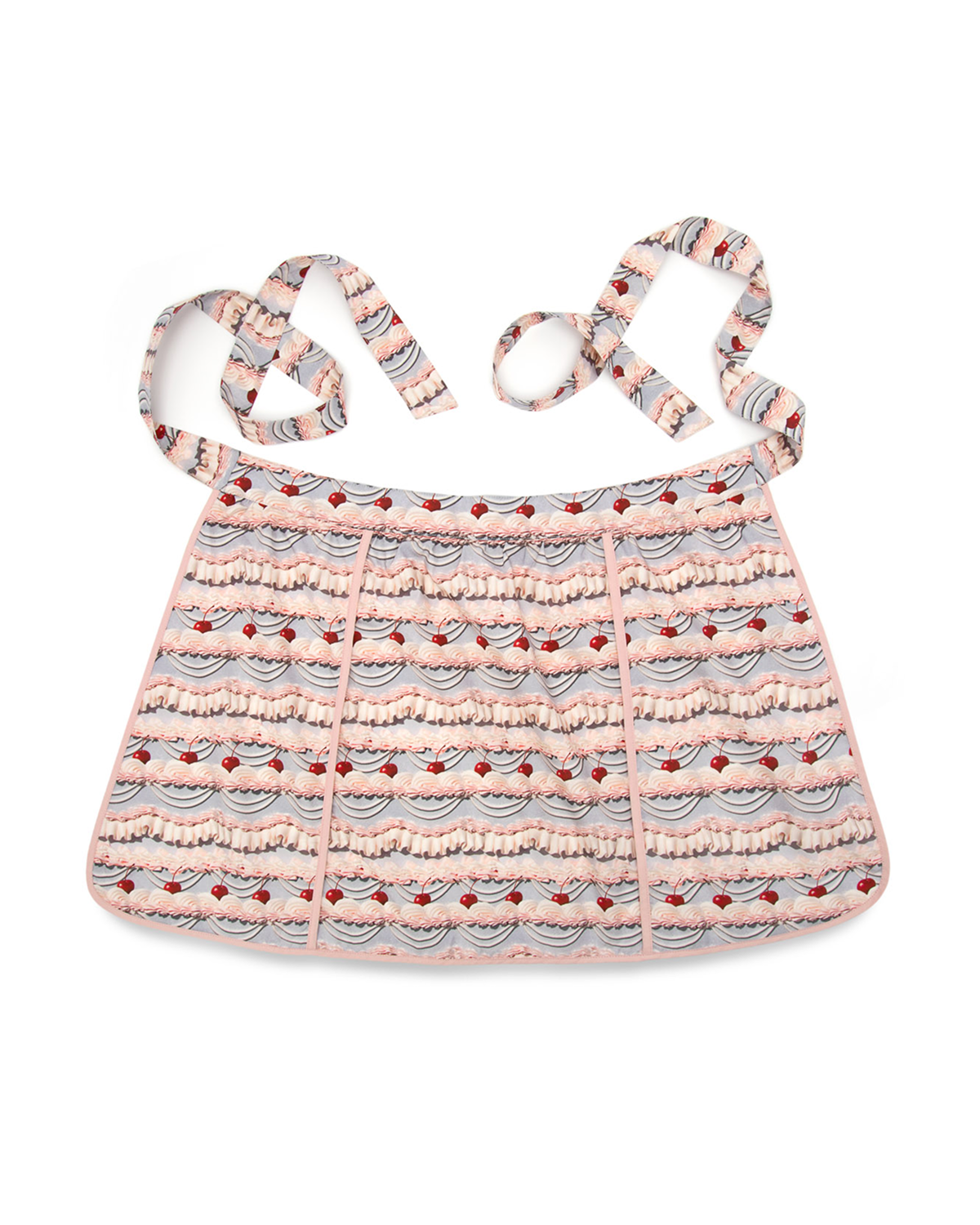 Apron with a pink and purple frosting pattern with straps on a white background.
