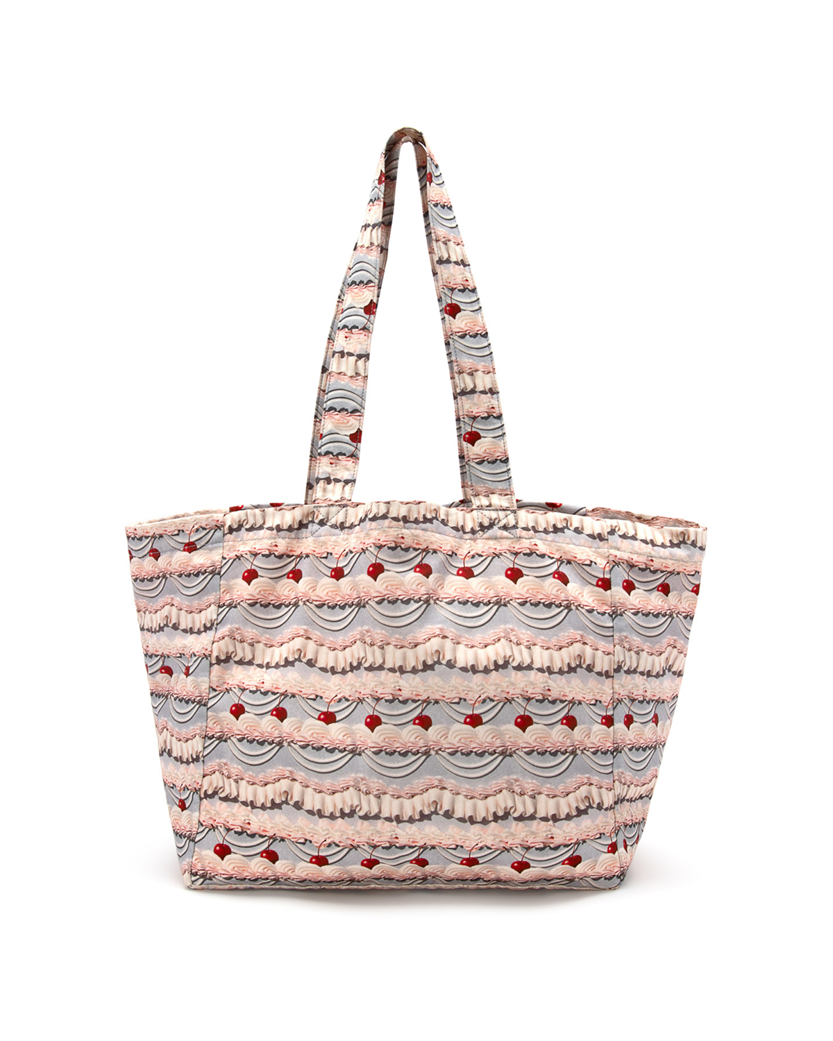 Tote bag with patterned fabric of decorative frosting with cherries on a white background