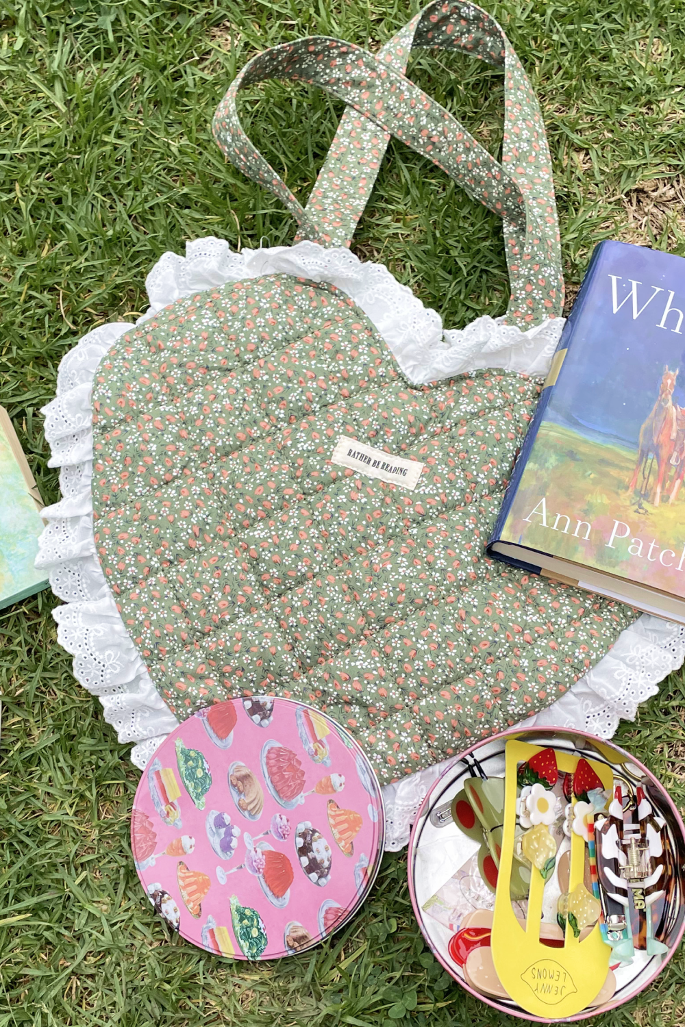 Rather Be Reading Green Quilted Heart Tote Bag