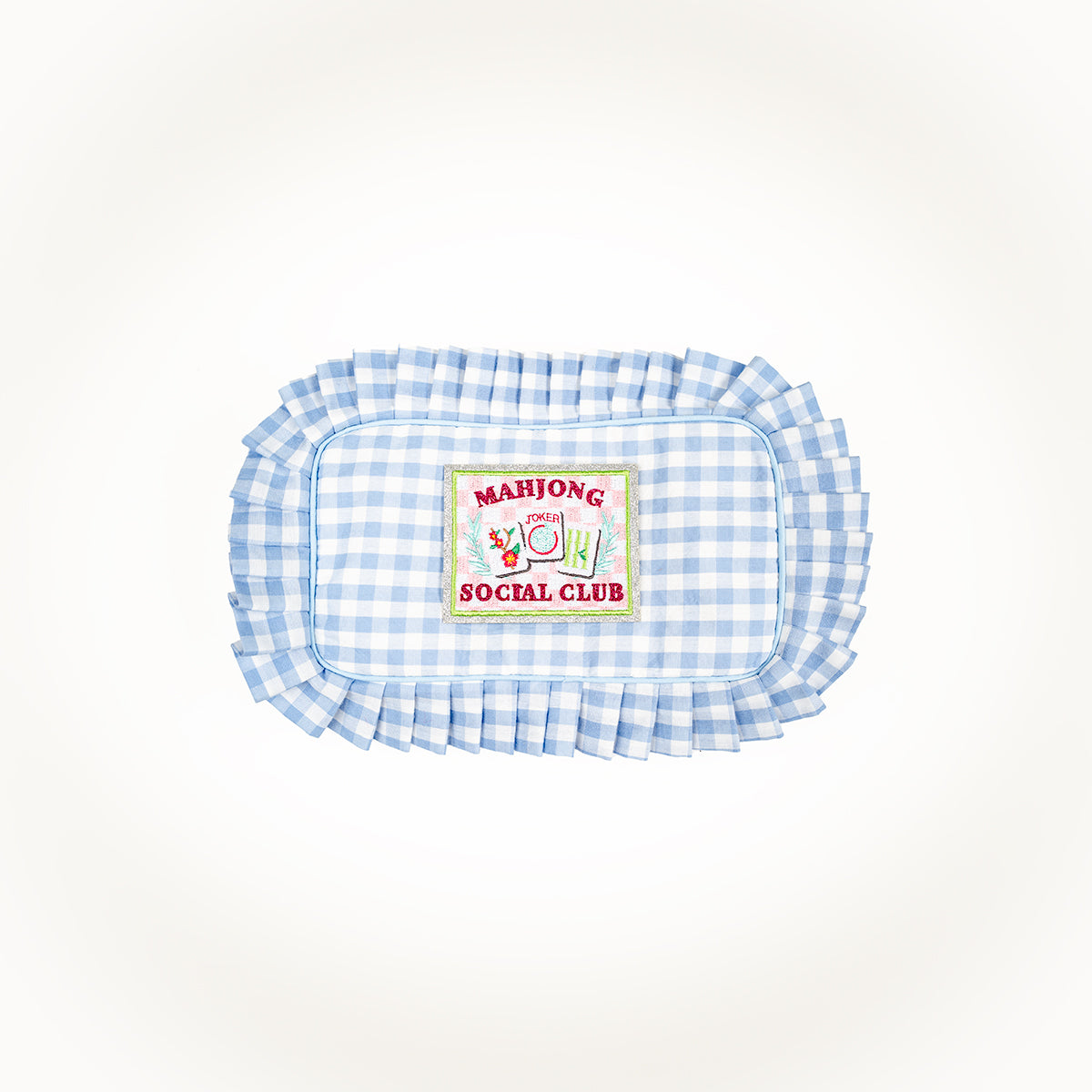 Blue checkered platter with 'Mahjong Social Club' sign on a white background