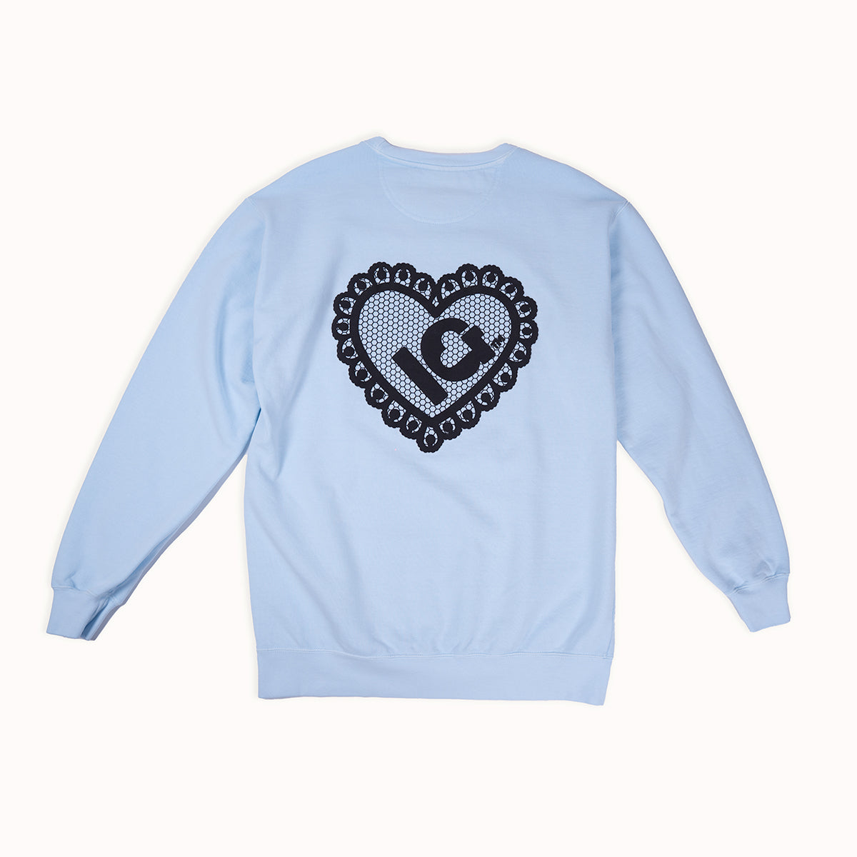 Light blue sweatshirt with a black heart design on the back against a white background