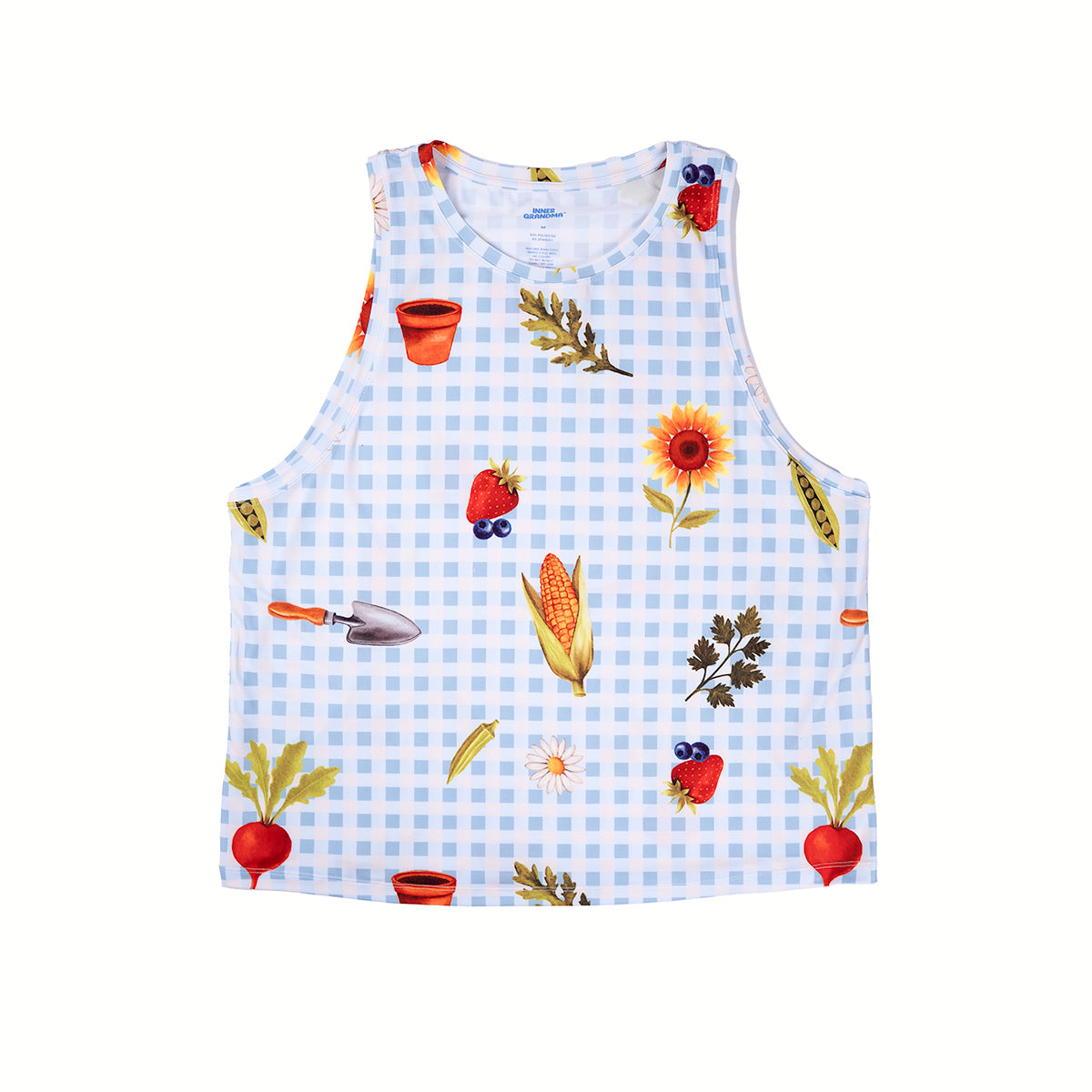 Tank top with garden-themed pattern on a white background