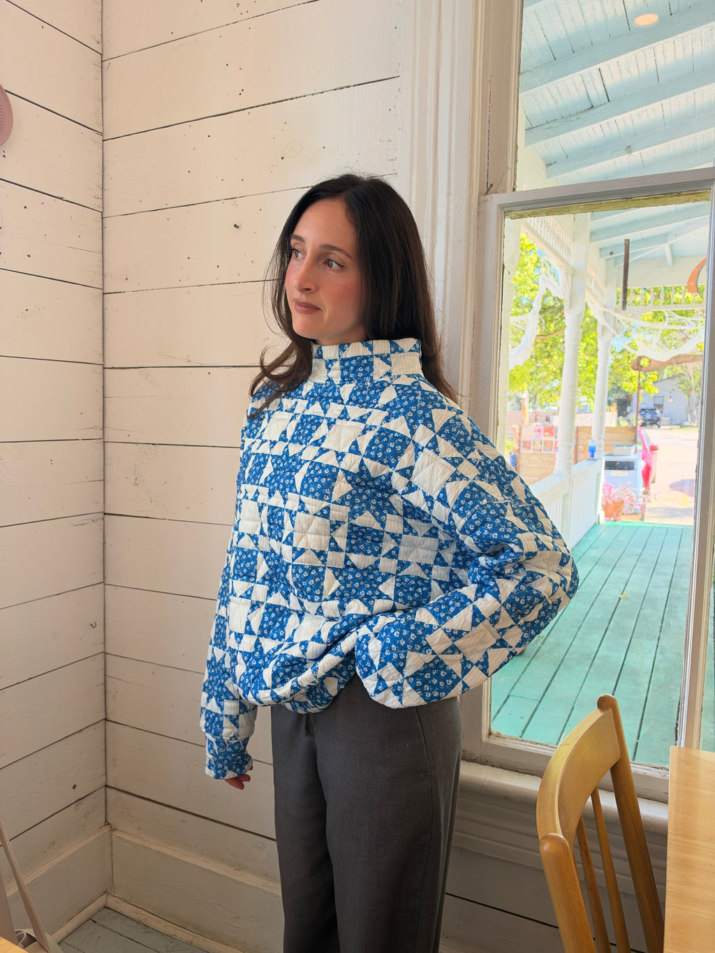 Etta Quilted Mock Neck Pullover Cobalt Blue