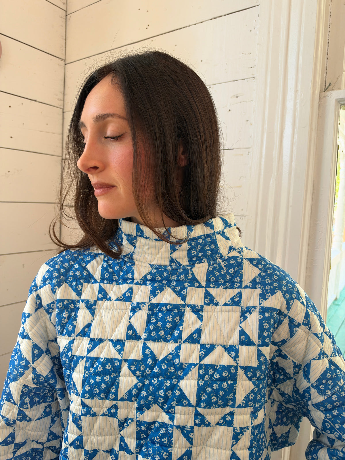 Etta Quilted Mock Neck Pullover Cobalt Blue