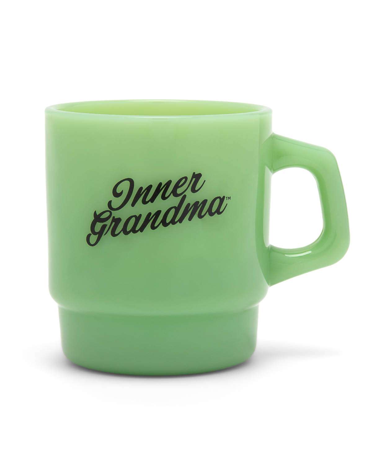 Green mug with 'Inner Grandma' text on a white background