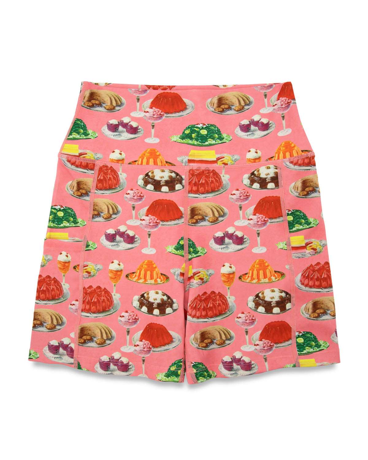 Short with vintage-style gelatin dessert pattern on a pink background