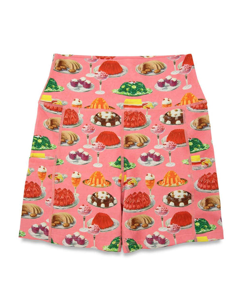 Short with vintage-style jello dessert pattern on a pink background
