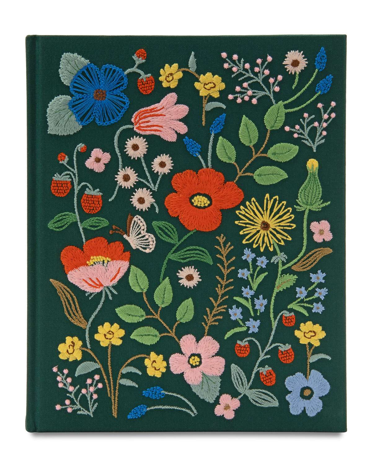 Embroidered notebook cover with colorful floral design on a dark green background