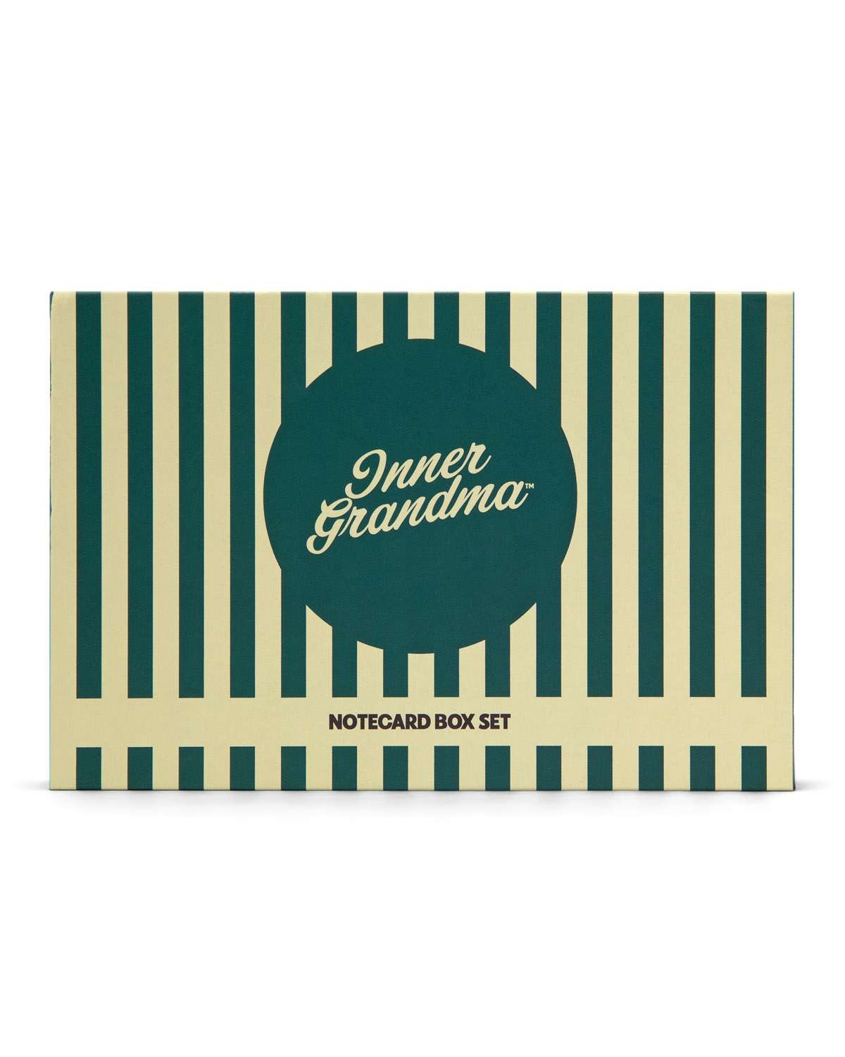 Notecard box set with striped design and 'Inner Grandma' text on a white background