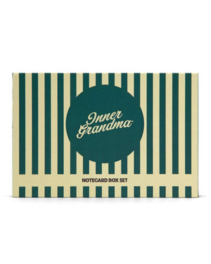 Notecard box set with striped design and 'Inner Grandma' text on a white background