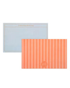 Two stationery items, a light blue card and an orange striped card, on a white background.