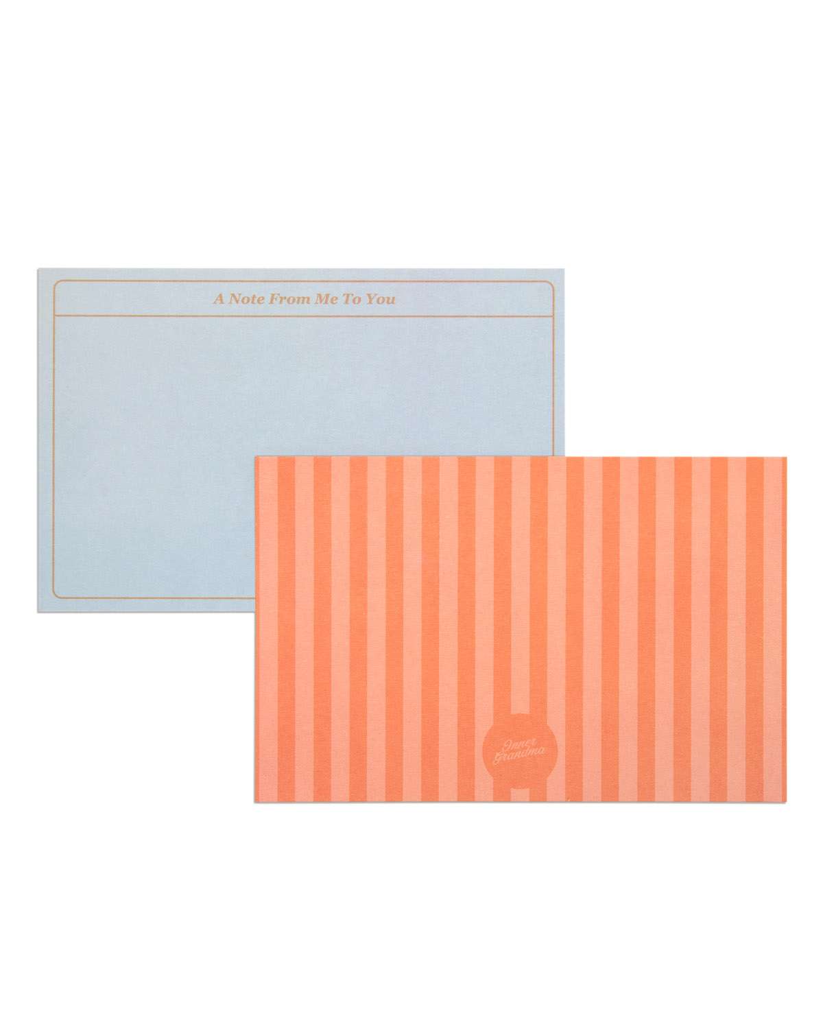Two stationery items, a light blue card and an orange striped card, on a white background.