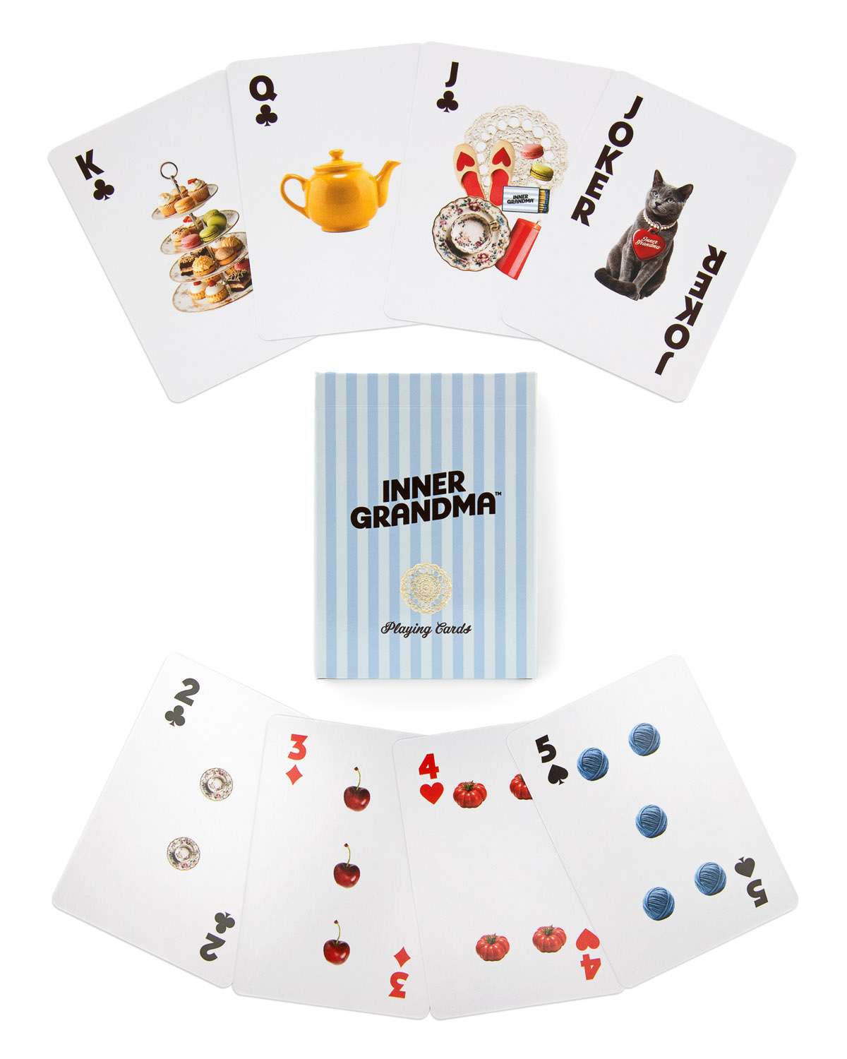 Playing cards with unique designs and 'Inner Grandma' branding.