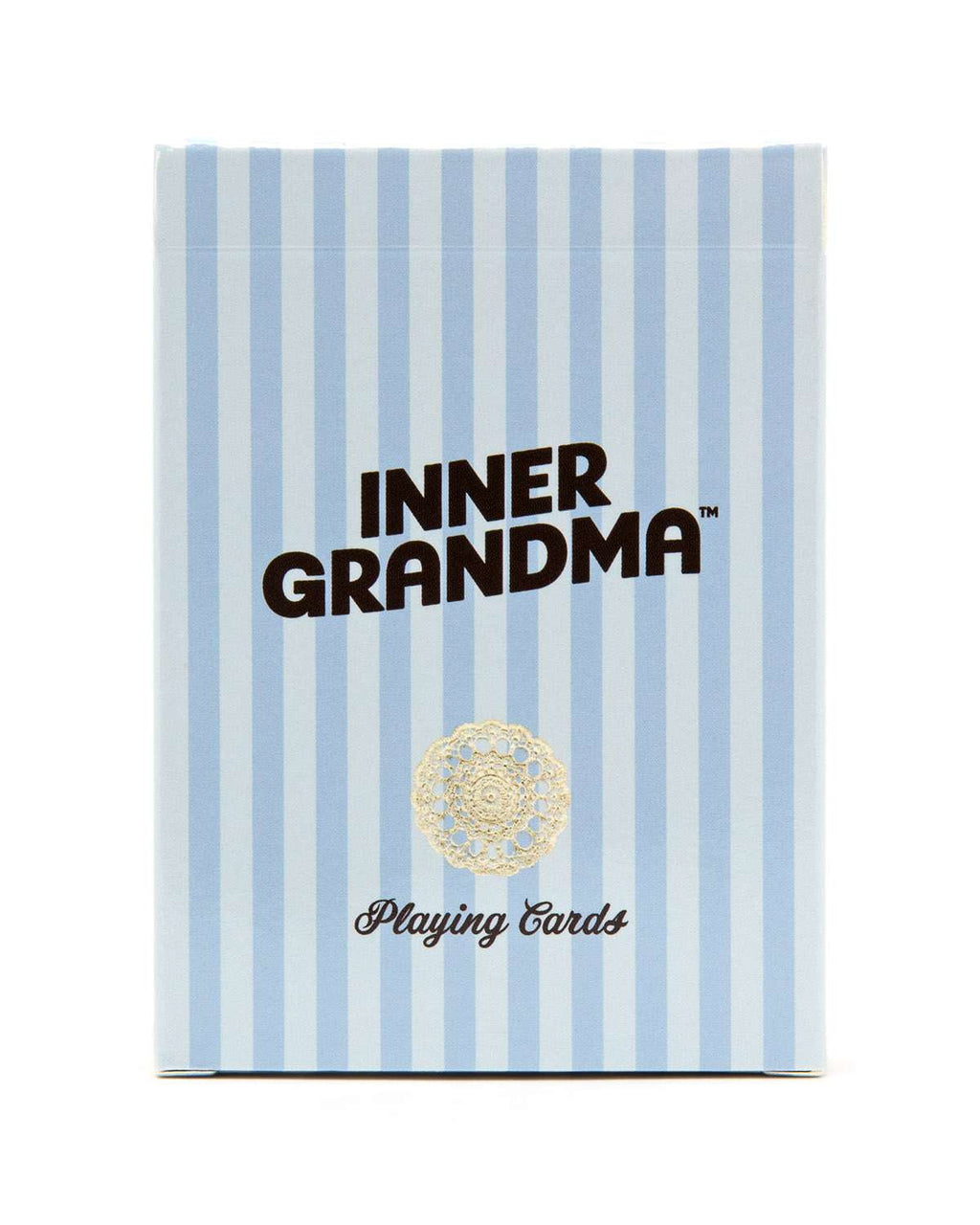 Playing cards with 'Inner Grandma' branding on a blue and white striped background