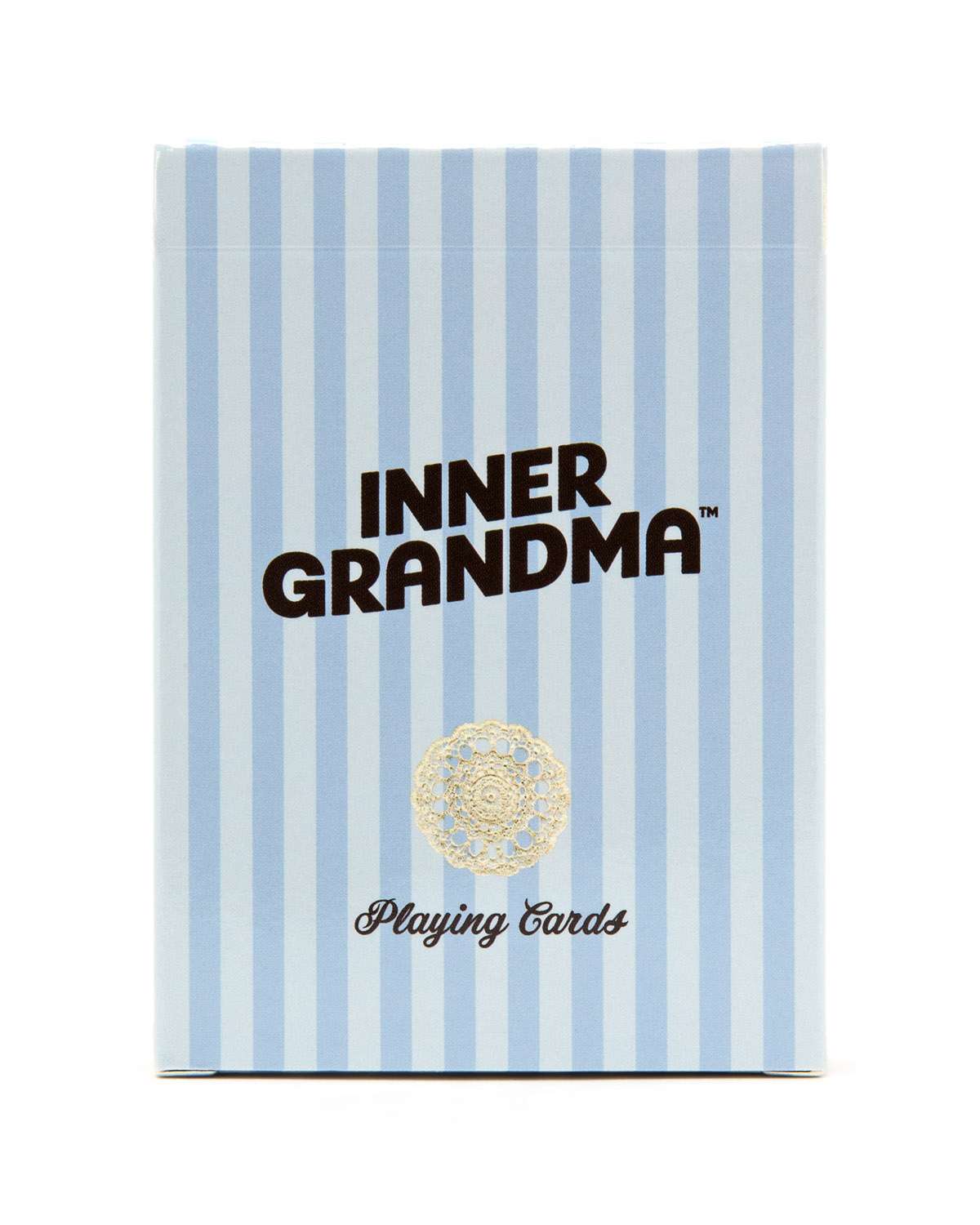 Playing cards with 'Inner Grandma' branding on a blue and white striped background