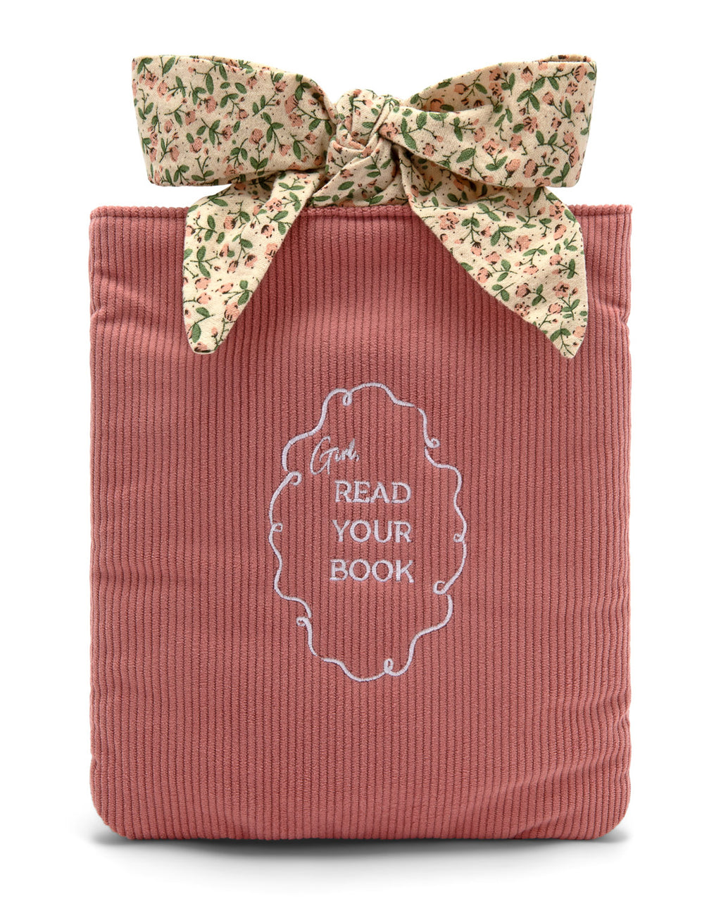 Pink corduroy bag sleeve with floral ribbon and 'Girl Read Your Book' embroidery.