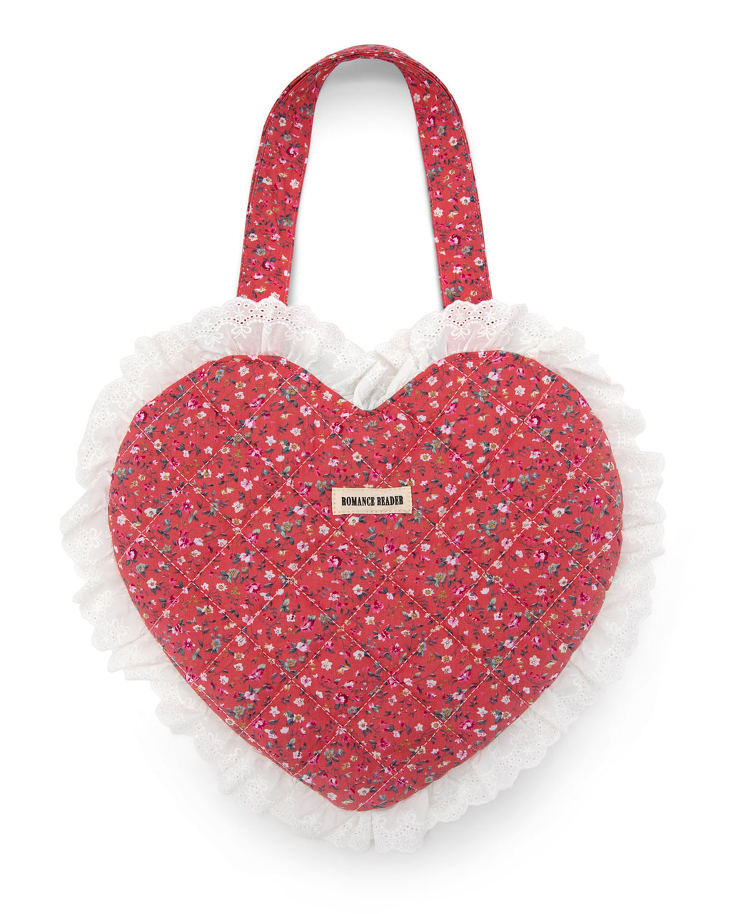 Pink heart-shaped bag with quilted floral pattern and eyelet ruffled edge