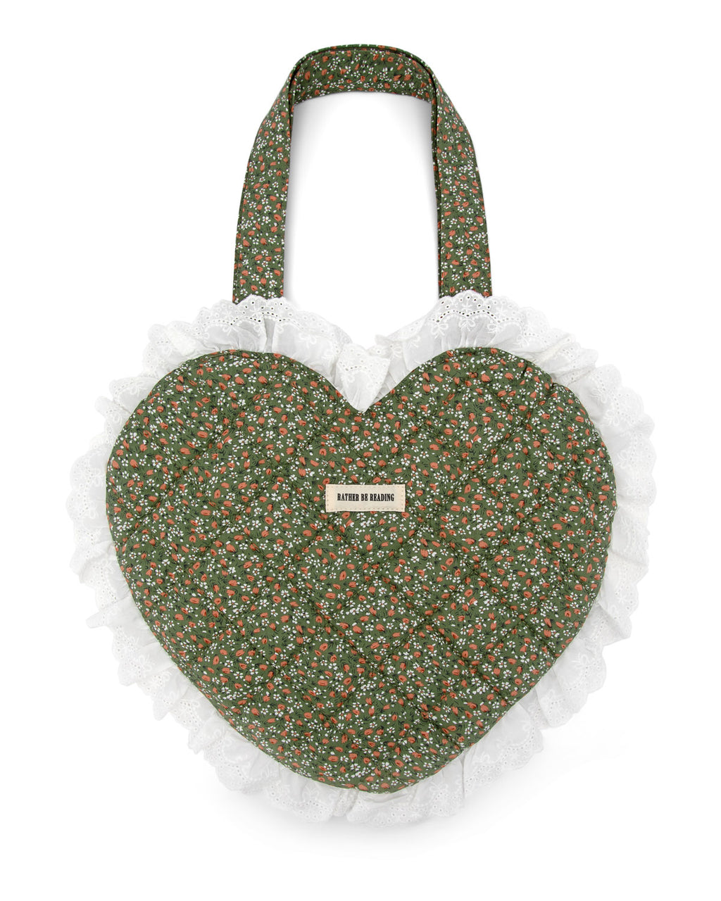 Rather be Reading green heart-shaped bag with quilted floral pattern and white ruffle on a white eyelet ruffle