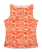 Tank top with orange vintage-style food coupon pattern on a white background