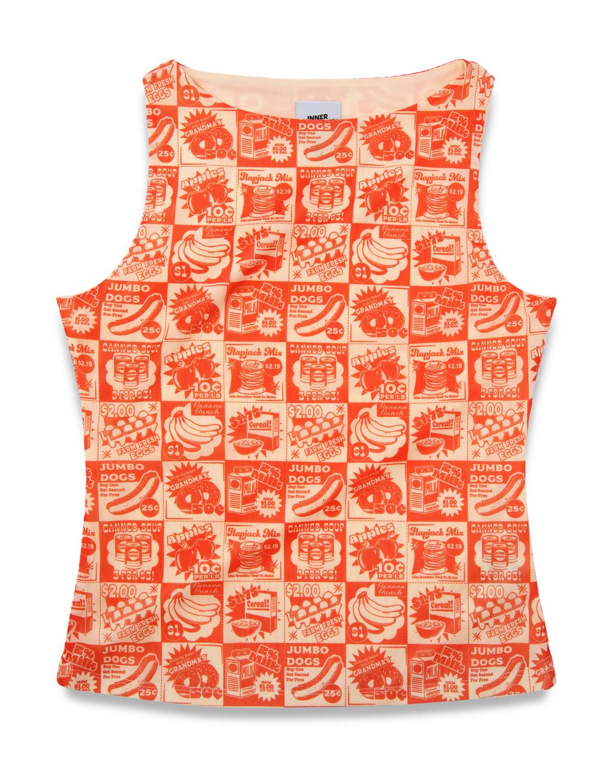 Tank top with orange vintage-style food coupon pattern on a white background