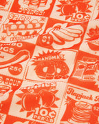 Patterned fabric with vintage-style food coupon graphics and pricing orange.