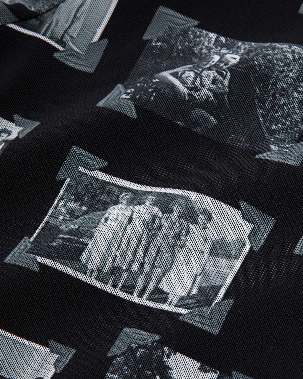 Black and gray mesh fabric with printed black and white images of grandmas, people and objects.
