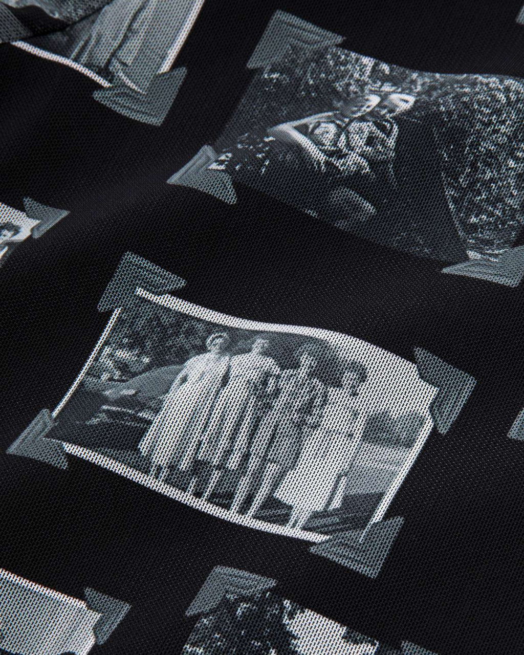 Black and gray mesh fabric with printed black and white images of grandmas, people and objects.