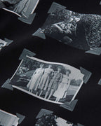 Black and gray mesh fabric with printed black and white images of grandmas, people and objects.