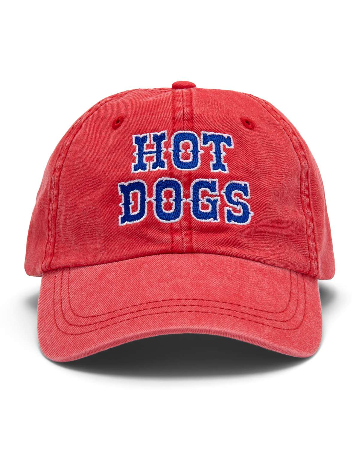 Red baseball cap with 'Hot Dogs' text in blue on a white background